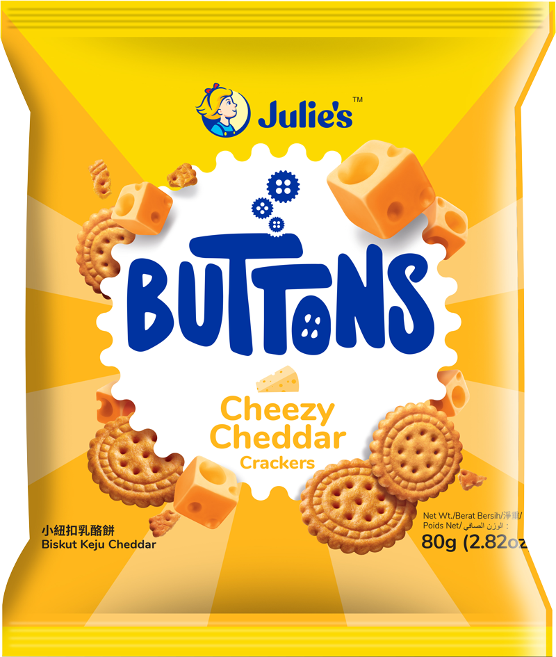 JULIE'S BUTTONS CHEEZY CHEDDAR CRACKERS