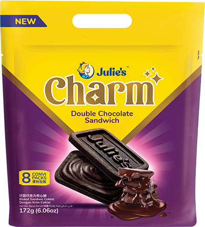 JULIE'S CHARM DOUBLE CHOCOLATE CREAM SANDWICH BISCUITS