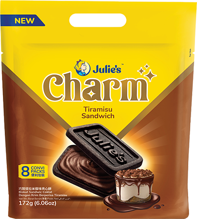 JULIE'S CHARM TIRAMISU FLAVOURED CREAM SANDWICH BISCUITS 172G