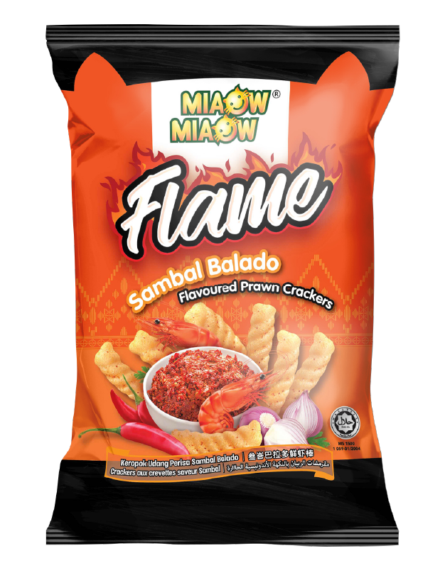 MIAOW MIAOW SAMBAL BALADO FLAVOUR PRAWN CRACKERS 50G